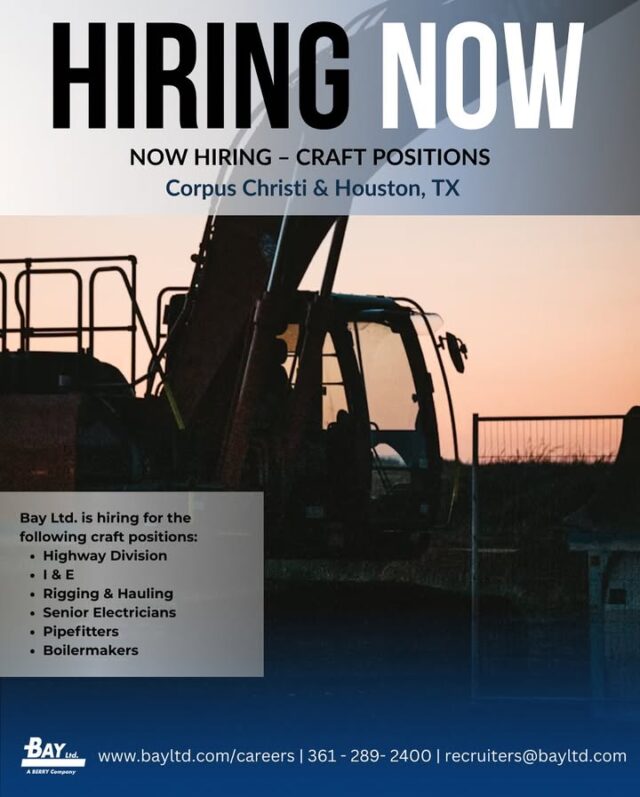 Bay Ltd. is Hiring Craft Professionals
Bay Ltd. is now hiring for the following craft positions:
📍 Corpus Christi, TX
Highway Division (per diem not provided)
Lowboy Flatbed Truck Driver – CDL Required, DOT Physical
Rough Carpenter
Concrete Finisher / Paver
Excavator Operator
I&E Division (local job, night shift)
Journeyman Electrician – Journeyman License & NCCER required
Rigging & Hauling
Truck Driver – Valid CDL, clean MVR, DOT physical & drug screen required; minimum 3 years’ experience with trucks and heavy equipment
📍 Houston, TX (Texas City area)
Industrial Division (local job, per diem not provided)
Senior Electrician – State License required
Pipefitter
Boilermaker
Visit www.bayltd.com for full details and requirements.
For inquiries, call 361.289.2400 or email Recruiters@bayltd.com