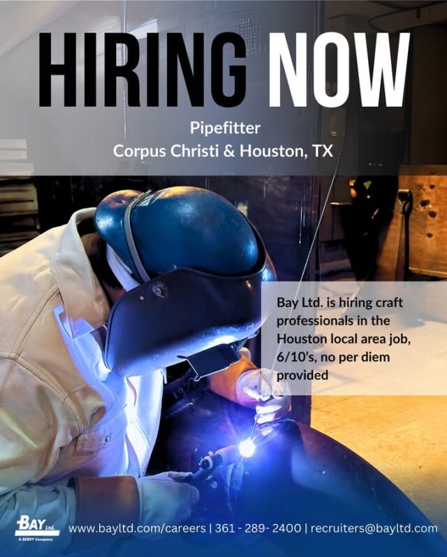 Bay Ltd. is Hiring – Pipefitter Positions
📍 Houston Local Project
Bay Ltd. is seeking skilled Pipefitters for an upcoming project in the Houston area.
Project Details
Schedule: 6/10’s
Local hire only (no per diem)
Must pass background check
Why Bay Ltd.?
Join a trusted name in construction and fabrication with a proven commitment to safety, quality, and career growth.
🔗 Apply today at www.bayltd.com for full job details and requirements.
📞 For inquiries, call 361.289.2400 or email Recruiters@bayltd.com.