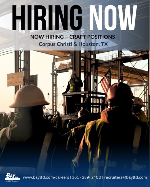 🚧 Bay Ltd. is Now Hiring! 

Join our team of skilled professionals committed to excellence, safety, and quality. We are currently hiring for the following craft positions:

*Corpus Christi*
🛠️ Equipment Division
Crane Mechanic – Valid driver’s license, MVR, TWIC, background check, and hair follicle test required. CDL preferred. ASE certification in Brakes and Heating & Air Conditioning is a plus.
Mechanic 1st Class – Field Service Mechanic
Tire Technician – Must have a valid driver’s license.
🏗️ Fabrication Division
Document Control Specialist
🚜 Highway Division (No per diem)
Rough Carpenter
Concrete Finisher / Paver
Excavator Operator
Foreman – 3–5 years of experience in storm sewer, waterline, utilities, and trenching work. Must be proficient in operating excavators, loaders, and backhoes.
💡 I&E Division (Corpus Christi area – No per diem)
Journeyman Electrician
🏭 Industrial Division (No per diem)
Crane Operator
🚚 Rigging & Hauling Division
CDL Truck Driver
🧱 Tank Division (Corpus Christi and West Texas)
Tank Fitter
Tank Fitter Welder
Bullgangers
Operators
Helpers

*Houston*
💡 I&E Division
Senior Electrician
Journeyman Electrician
Carpenter
Apply Today:
Visit www.bayltd.com for detailed job descriptions and requirements.
For inquiries, contact 361.289.2400 or Recruiters@bayltd.com.